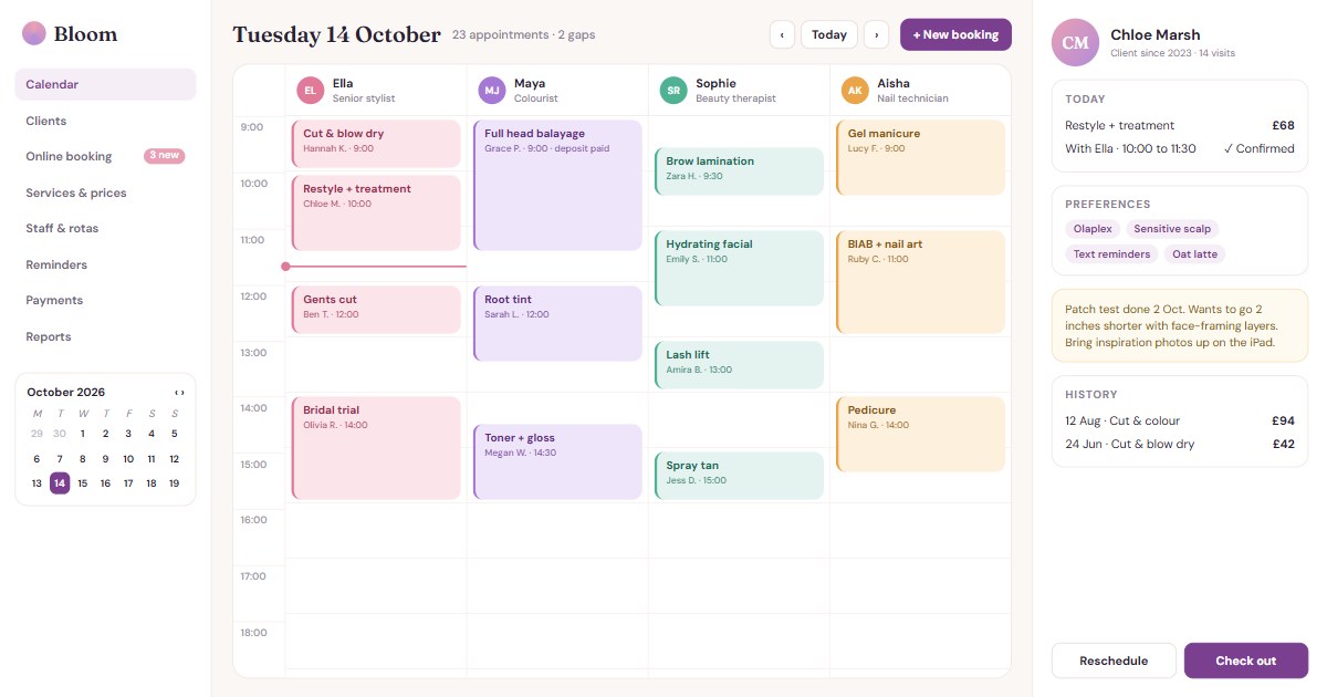 Screenshot of the Bloom: Salon & Clinic Bookings website homepage