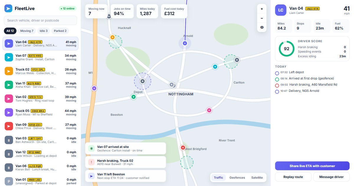 Screenshot of the FleetLive: Vehicle Tracking website homepage