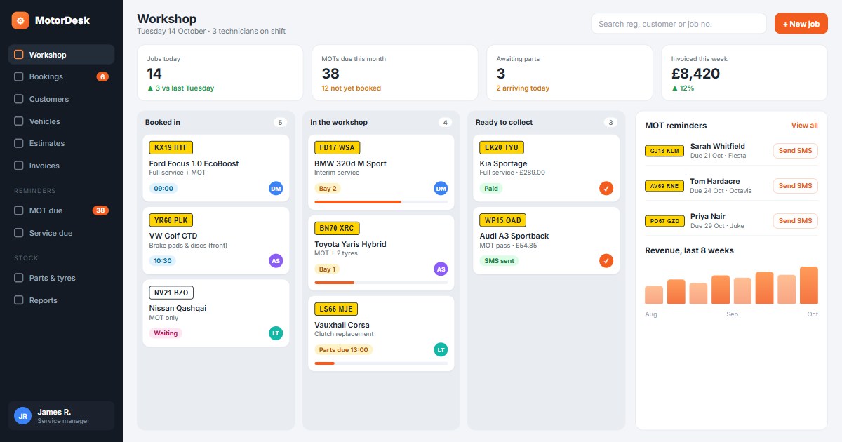 Screenshot of the MotorDesk: Garage CRM website homepage