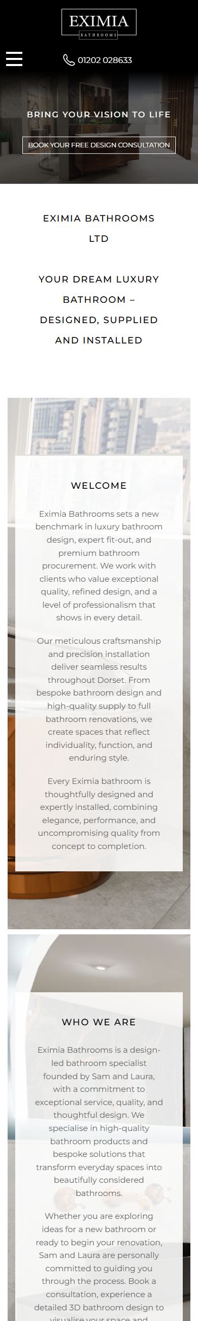 The Eximia Bathrooms website on a phone