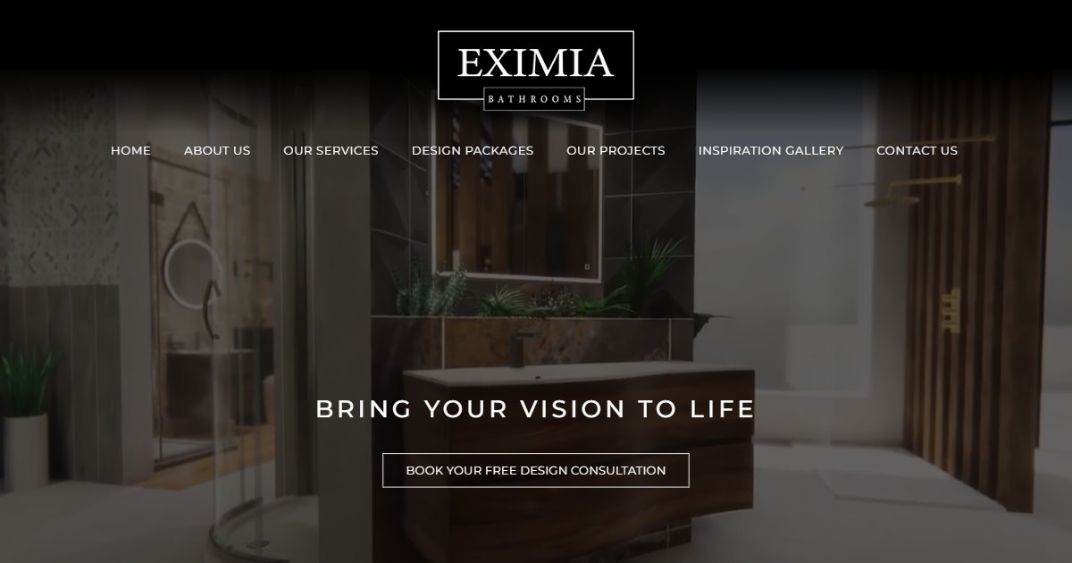 Screenshot of the Eximia Bathrooms website homepage