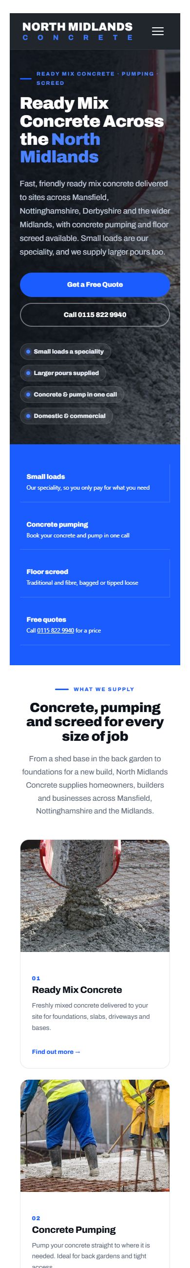 The North Midlands Concrete website on a phone